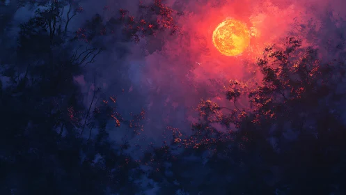 Digital painting of crimson moon over nocturnal forest canopy.