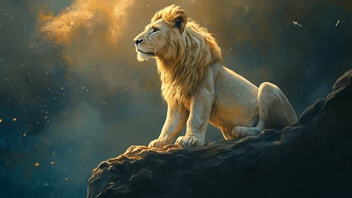 Lone male lion on rocky ledge in warm backlit dusk scene.