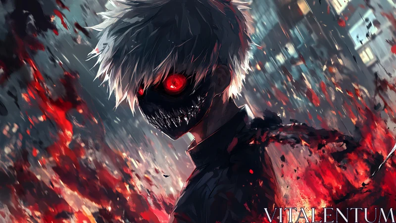 Crimson-eyed wraith walks calmly through collapsing flames