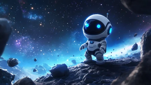 Small robot on rocky asteroid in luminous deep space field.
