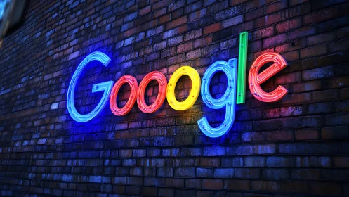 Neon Google logotype rendered on wet brick wall in perspective