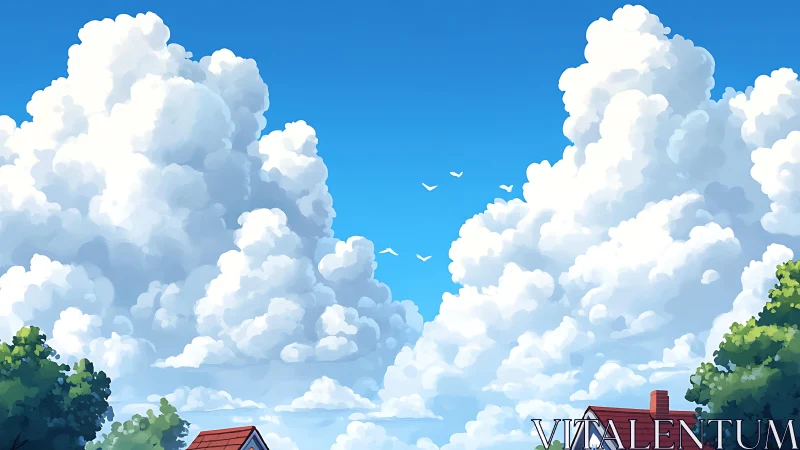 Cumulus cloud formations above houses and treeline rooftops.