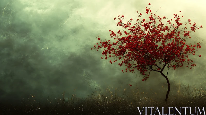 Solitary red-blossomed tree against diffuse misty backdrop.
