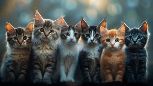 Six kitten portrait study: layered fur texture analysis with golden backlit rim lighting