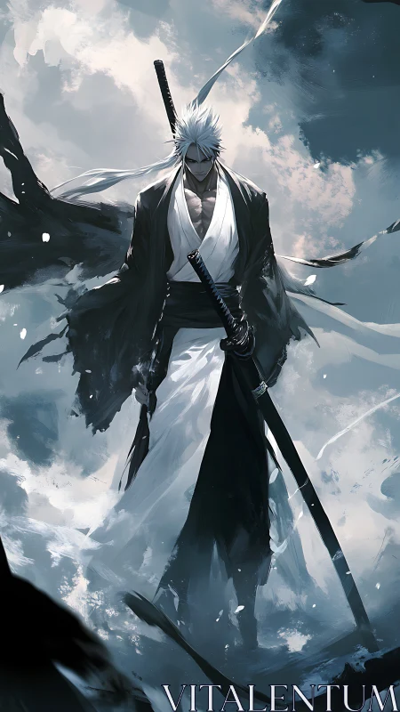 White haired swordsman strides through storm torn void