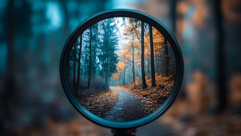 Magnifying glass isolates sharp autumn forest path scene