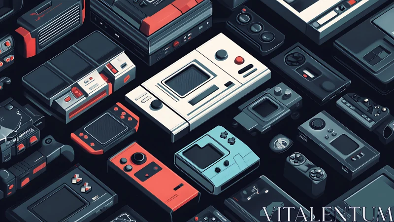 Isometric grid of retro handheld and console game hardware