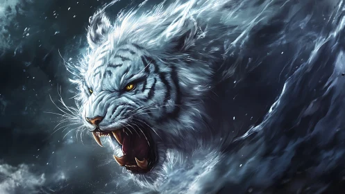 Storm-forged white tiger materializing from turbulent waves