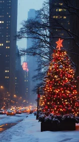 City snow hushes while one glowing Christmas tree answers back