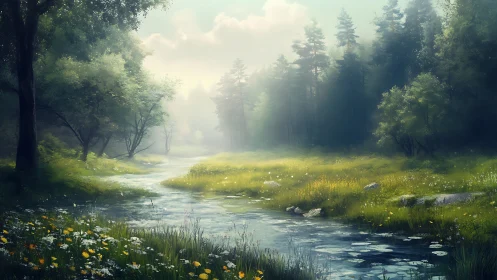 Luminous Forest Stream with Volumetric Atmospheric Rendering and Layered Depth Composition
