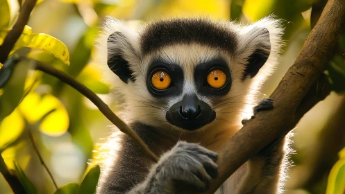 Ring-tailed lemur stares with vivid amber eyes in foliage.