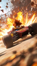 Cartoon racer drifts through explosive desert track chaos.