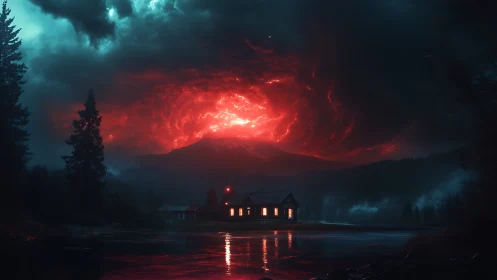Lakeside cabin under apocalyptic red storm vortex sky.