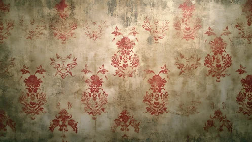 Weathered wall surface with faded red damask motifs.