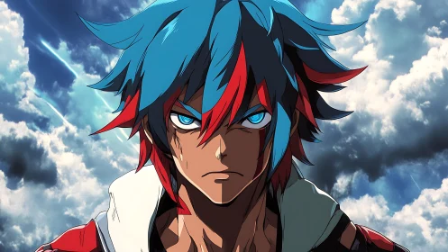 Storm-eyed anime hero under a restless painted sky.