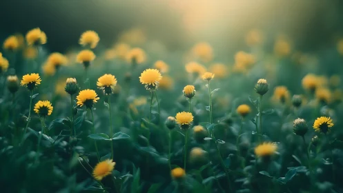 Soft morning light over a dreamy field of yellow blooms.