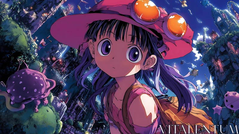 Young explorer surveys bioluminescent cliff city at night