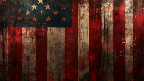 Weathered flag of bold stripes and restless, glowing stars.