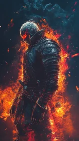 Armored warrior stands engulfed in vivid, rising flames
