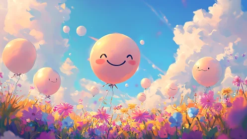 Smiling round balloons float above dense wildflower field