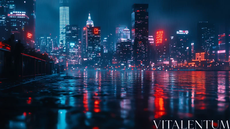 Neon city skyline reflects across wet waterfront at night