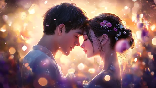 Young couple sharing intimate moment with glowing bokeh lighting