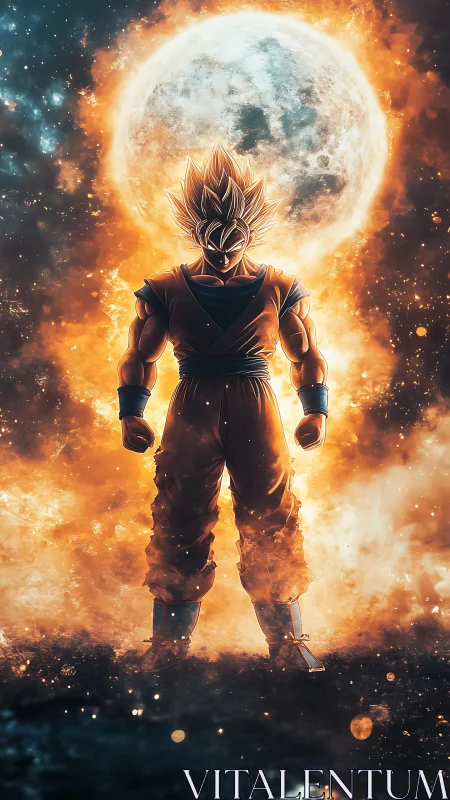 Silhouetted warrior stands before large moon and fiery aura