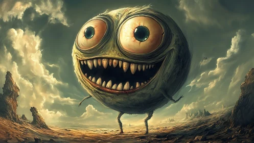 Spherical one-eyed monster strides across barren landscape