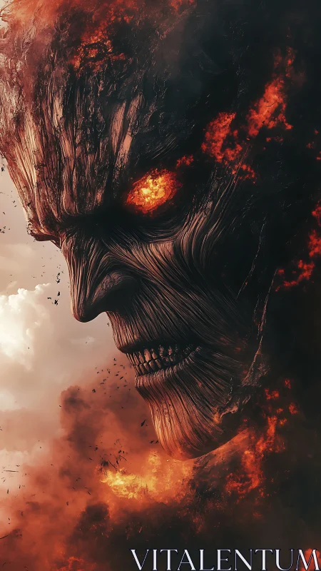 Flaming titan face emerges from roaring inferno sky.