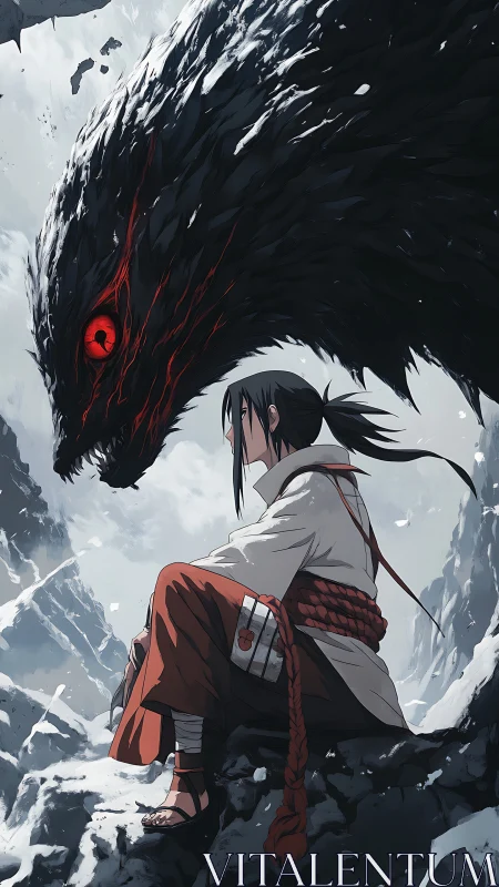 Mountain seer in dialogue with shadow-dragon familiar.