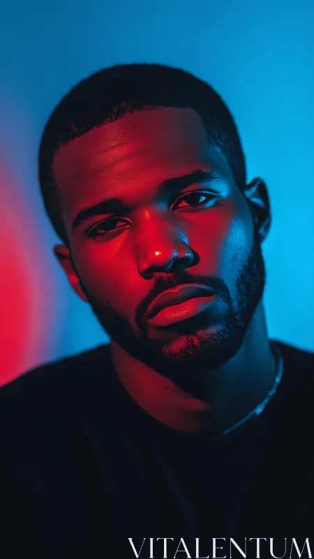 Electric blue and crimson portrait in cinematic neon glow.