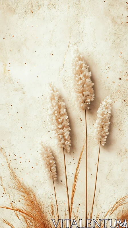 Dry grass stems stand vertically against textured surface