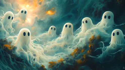 Spectral ghost figures drift through luminous ethereal nebula