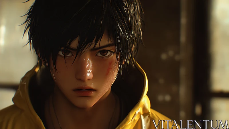 Rain-drenched youth in yellow jacket rendered hyperrealistically