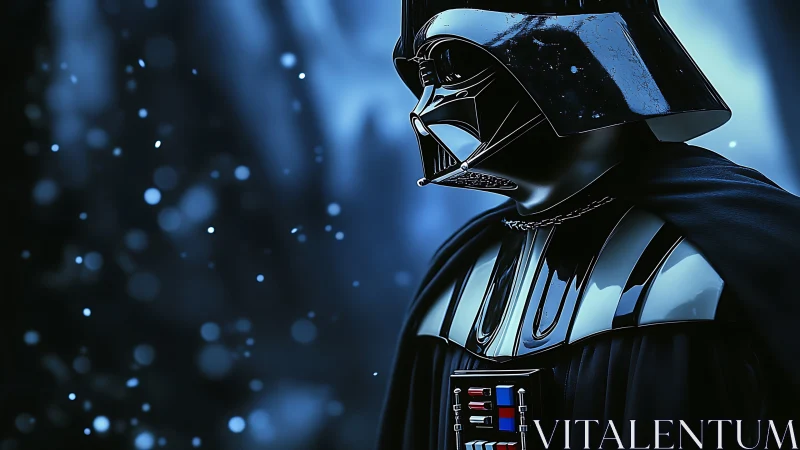 Dark armored figure stands in glowing blue bokeh haze.