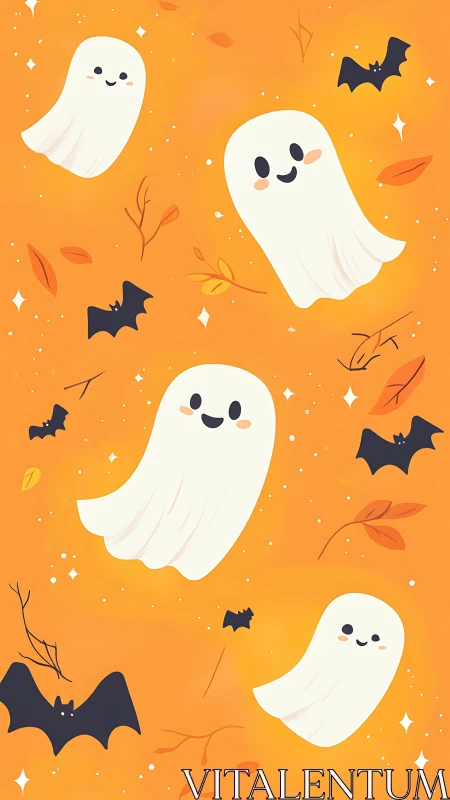Cute white ghosts and bats float on bright orange background