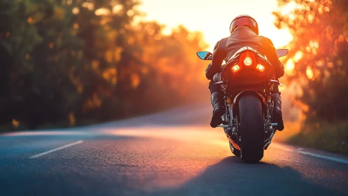 Sport motorcycle rider on sunset country highway.