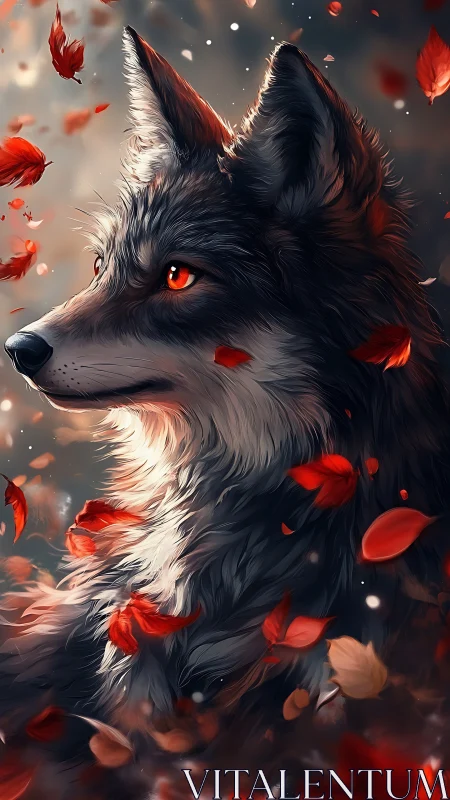 Gentle ember-eyed wolf surrounded by swirling autumn leaves.