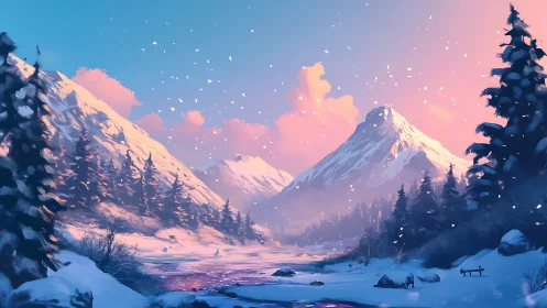 Snowlit mountains whisper in pink dusk over a frozen river