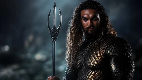 Heroic trident bearer in sculpted armor, low-key portrait lighting.