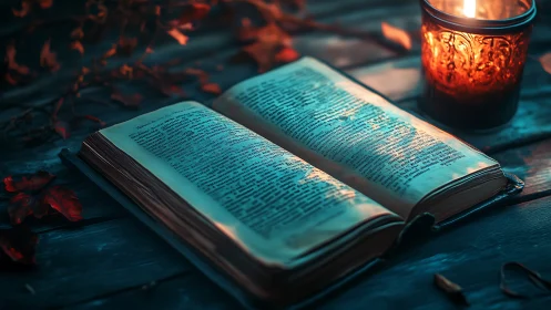 Ancient book lies open under warm candlelit glow at dusk.