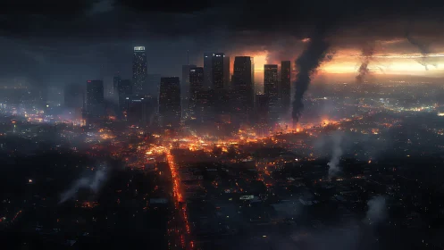 Smoldering futuristic city skyline under storm-torn dusk.