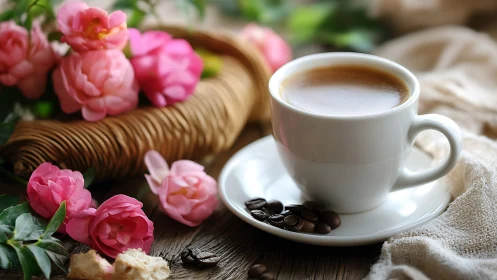 Optically precise still life of espresso, roses, and wicker basket.