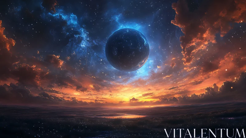 Glowing alien moon rising over a dreamy cosmic sunset sky.