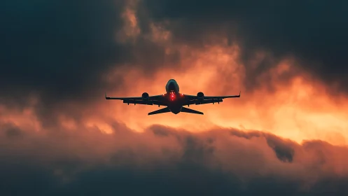 Jet airliner silhouette crossing stormy sunset clouds.