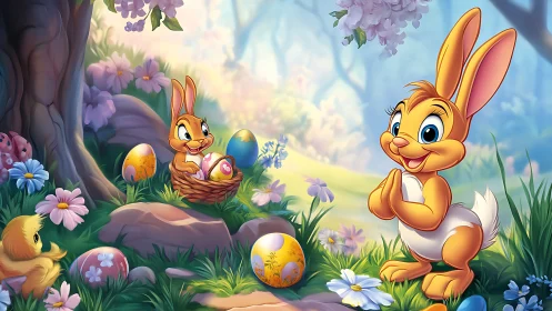Spring-bright bunny duo trade stories over painted egg treasure