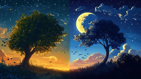 Bifurcated celestial landscape with diurnal transition field.