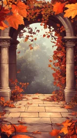 Stone archway framed by vivid autumn leaves in misty light.