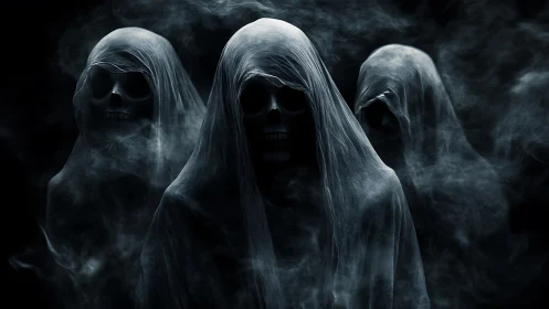 Hooded skeletal wraiths emerge through dense spectral fog.