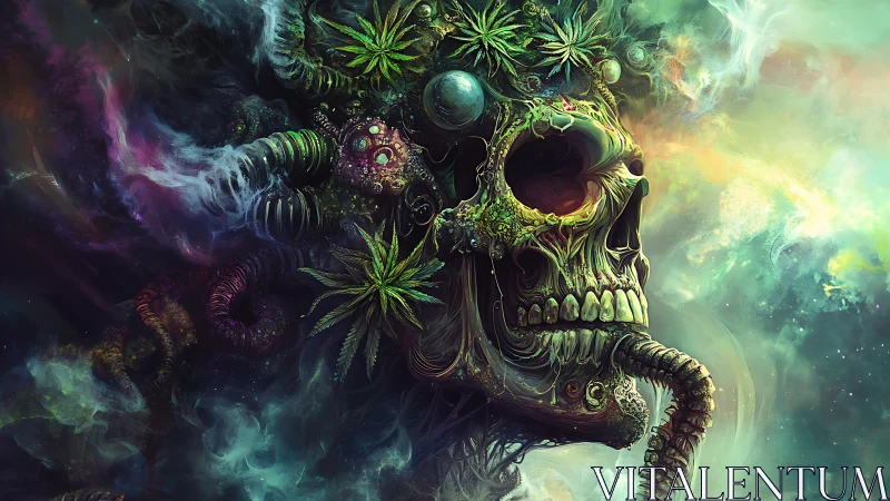 Cosmic garden skull drifting through a neon dreamscape.